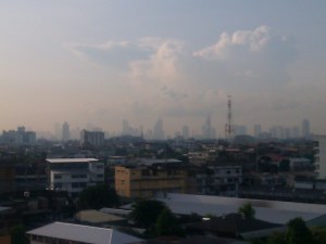 View of the city skyline from my apartment in the Thonburi district.