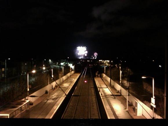 New Year's Eve fireworks at Edinburgh castle. View from Slateford Train Station.